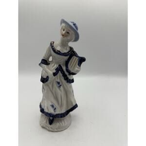 Vintage Blue White Porcelain Lady Figurine with Harp Gold Trim 7.5” Tall